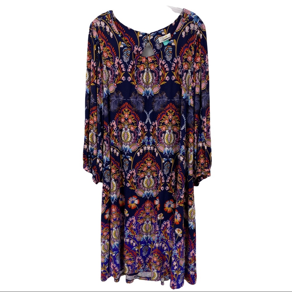 ANTHRO. 3X FLORAL SHORT BISHOP SLEEVE SCOOP NECK SMOCKED BACK SHORT MIDI DRESS.